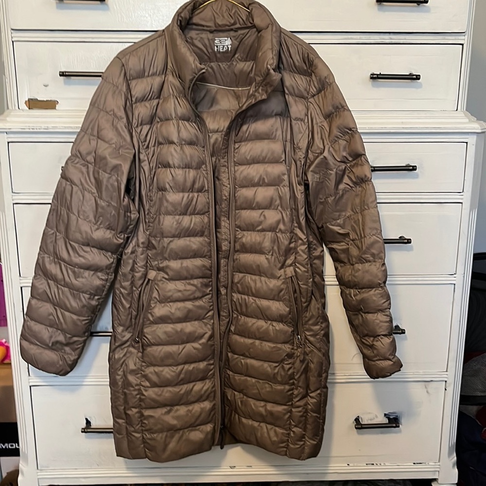 Long taupe colored puffer coat- thin and light weight